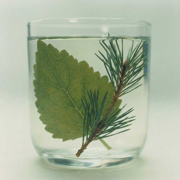 Blaadje patchouli met dennentak in glas water